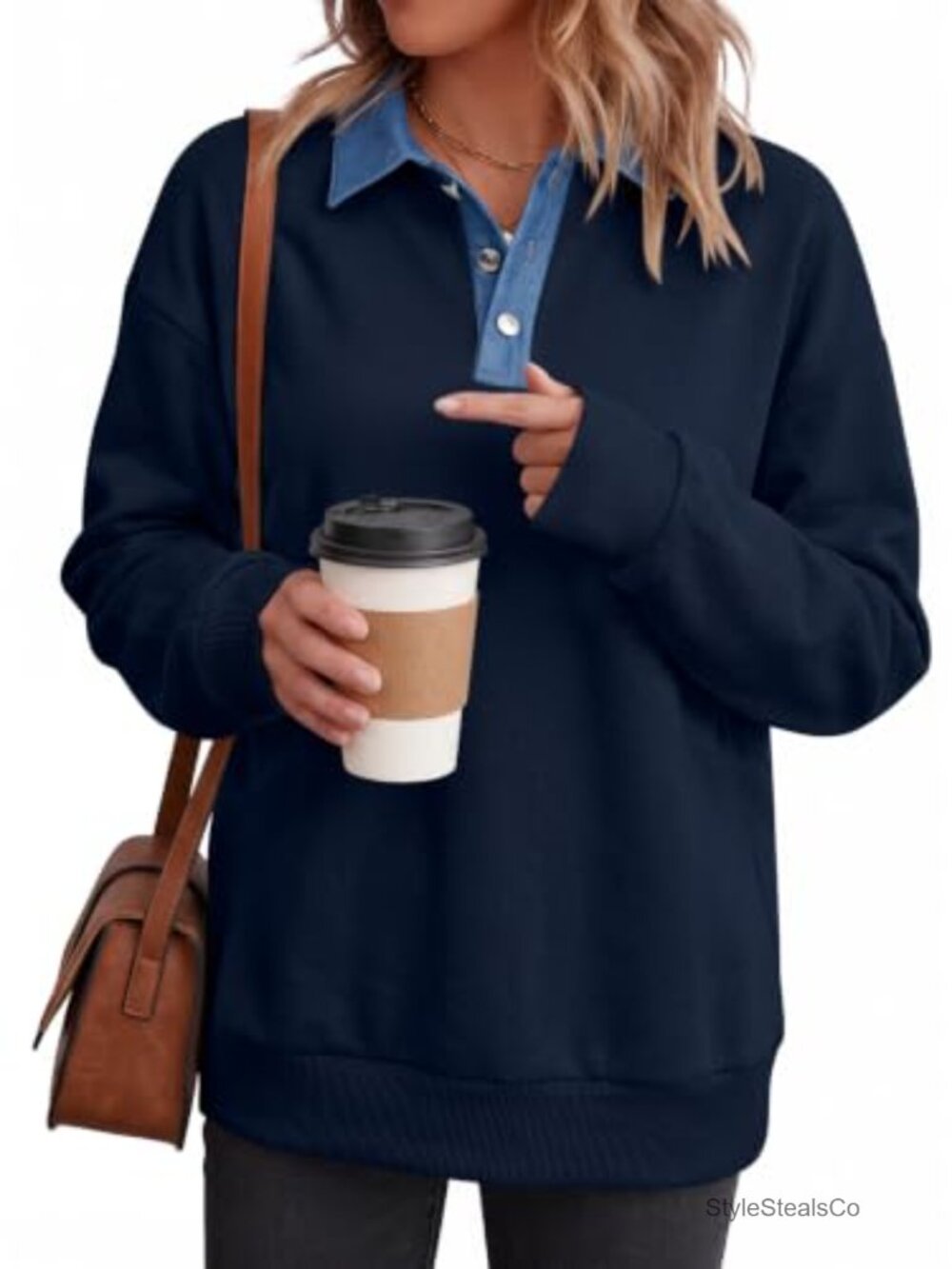 Button Up Denim Collared Sweatshirt Pullover Henley Top